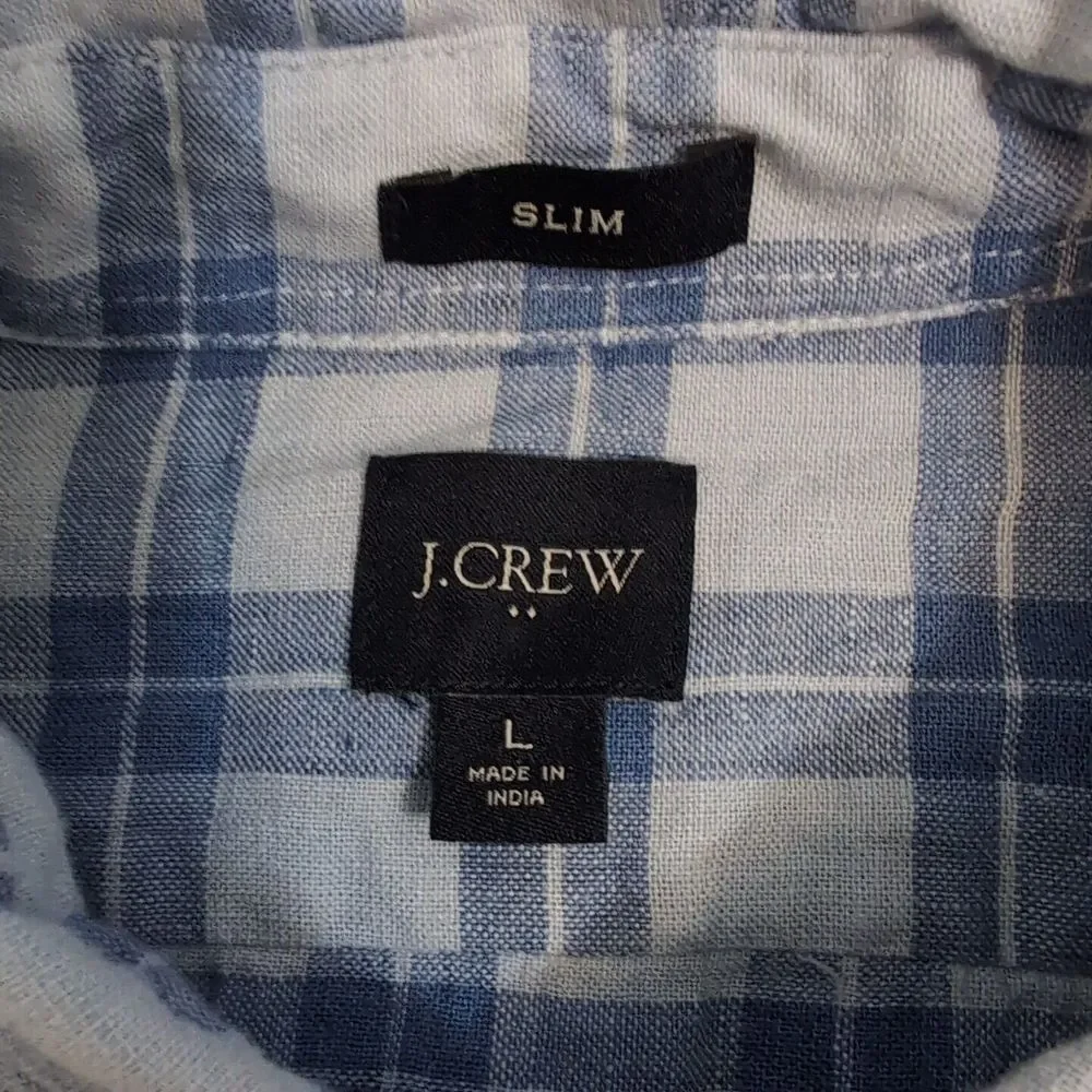 JCrew Shirt Mens L‎ Blue Plaid Slim Fit Linen Bkend Button Down Casual EUC